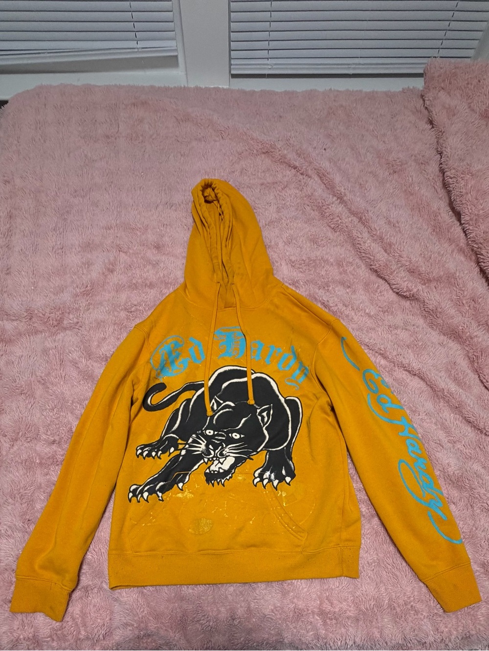 Ed Hardy Mustard Yellow Hoodie with Black Panther and Teal Script